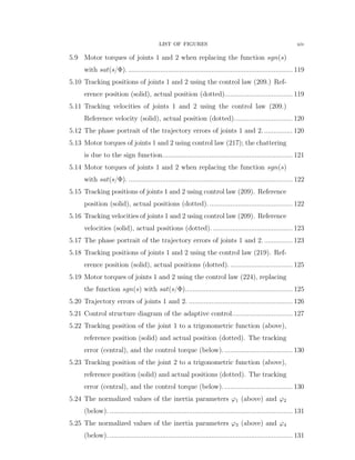 LIST OF FIGURES xiv
5.9 Motor torques of joints 1 and 2 when replacing the function sgnpsq
with satps{Φq. ....................................................................................... 119
5.10 Tracking positions of joints 1 and 2 using the control law (209.) Ref-
erence position (solid), actual position (dotted).................................... 119
5.11 Tracking velocities of joints 1 and 2 using the control law (209.)
Reference velocity (solid), actual position (dotted)............................... 120
5.12 The phase portrait of the trajectory errors of joints 1 and 2................ 120
5.13 Motor torques of joints 1 and 2 using control law (217); the chattering
is due to the sign function..................................................................... 121
5.14 Motor torques of joints 1 and 2 when replacing the function sgnpsq
with satps{Φq. ....................................................................................... 122
5.15 Tracking positions of joints 1 and 2 using control law (209). Reference
position (solid), actual positions (dotted). ............................................ 122
5.16 Tracking velocities of joints 1 and 2 using control law (209). Reference
velocities (solid), actual positions (dotted). .......................................... 123
5.17 The phase portrait of the trajectory errors of joints 1 and 2................ 123
5.18 Tracking positions of joints 1 and 2 using the control law (219). Ref-
erence position (solid), actual positions (dotted). ................................. 125
5.19 Motor torques of joints 1 and 2 using the control law (224), replacing
the function sgnpsq with satps{Φq......................................................... 125
5.20 Trajectory errors of joints 1 and 2. ....................................................... 126
5.21 Control structure diagram of the adaptive control................................ 127
5.22 Tracking position of the joint 1 to a trigonometric function (above),
reference position (solid) and actual position (dotted). The tracking
error (central), and the control torque (below). .................................... 130
5.23 Tracking position of the joint 2 to a trigonometric function (above),
reference position (solid) and actual positions (dotted). The tracking
error (central), and the control torque (below). .................................... 130
5.24 The normalized values of the inertia parameters ϕ1 (above) and ϕ2
(below). ................................................................................................. 131
5.25 The normalized values of the inertia parameters ϕ3 (above) and ϕ4
(below). ................................................................................................. 131
 