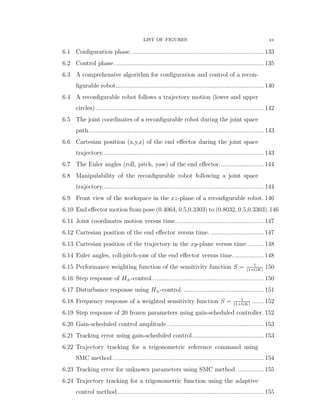 LIST OF FIGURES xv
6.1 Conﬁguration phase. ............................................................................. 133
6.2 Control phase. ....................................................................................... 135
6.3 A comprehensive algorithm for conﬁguration and control of a recon-
ﬁgurable robot....................................................................................... 140
6.4 A reconﬁgurable robot follows a trajectory motion (lower and upper
circles)................................................................................................... 142
6.5 The joint coordinates of a reconﬁgurable robot during the joint space
path....................................................................................................... 143
6.6 Cartesian position (x,y,z) of the end eﬀector during the joint space
trajectory............................................................................................... 143
6.7 The Euler angles (roll, pitch, yaw) of the end eﬀector.......................... 144
6.8 Manipulability of the reconﬁgurable robot following a joint space
trajectory............................................................................................... 144
6.9 Front view of the workspace in the xz-plane of a reconﬁgurable robot. 146
6.10 End eﬀector motion from pose (0.4064, 0.5,0.3303) to (0.8032, 0.5,0.3303).146
6.11 Joint coordinates motion versus time.................................................... 147
6.12 Cartesian position of the end eﬀector versus time. ............................... 147
6.13 Cartesian position of the trajectory in the xy-plane versus time.......... 148
6.14 Euler angles, roll-pitch-yaw of the end eﬀector versus time. ................. 148
6.15 Performance weighting function of the sensitivity function S “ 1
p1`GKq
150
6.16 Step response of H8-control.................................................................. 150
6.17 Disturbance response using H8-control. ............................................... 151
6.18 Frequency response of a weighted sensitivity function S “ 1
p1`GKq
....... 152
6.19 Step response of 20 frozen parameters using gain-scheduled controller. 152
6.20 Gain-scheduled control amplitude......................................................... 153
6.21 Tracking error using gain-scheduled control.......................................... 153
6.22 Trajectory tracking for a trigonometric reference command using
SMC method......................................................................................... 154
6.23 Tracking error for unknown parameters using SMC method. ............... 155
6.24 Trajectory tracking for a trigonometric function using the adaptive
control method...................................................................................... 155
 