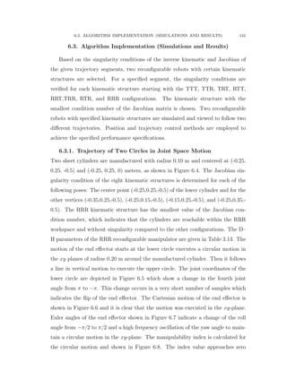 6.3. ALGORITHM IMPLEMENTATION (SIMULATIONS AND RESULTS) 141
6.3. Algorithm Implementation (Simulations and Results)
Based on the singularity conditions of the inverse kinematic and Jacobian of
the given trajectory segments, two reconﬁgurable robots with certain kinematic
structures are selected. For a speciﬁed segment, the singularity conditions are
veriﬁed for each kinematic structure starting with the TTT, TTR, TRT, RTT,
RRT,TRR, RTR, and RRR conﬁgurations. The kinematic structure with the
smallest condition number of the Jacobian matrix is chosen. Two reconﬁgurable
robots with speciﬁed kinematic structures are simulated and viewed to follow two
diﬀerent trajectories. Position and trajectory control methods are employed to
achieve the speciﬁed performance speciﬁcations.
6.3.1. Trajectory of Two Circles in Joint Space Motion
Two sheet cylinders are manufactured with radius 0.10 m and centered at (-0.25,
0.25, -0.5) and (-0.25, 0.25, 0) meters, as shown in Figure 6.4. The Jacobian sin-
gularity condition of the eight kinematic structures is determined for each of the
following poses: The center point (-0.25,0.25,-0.5) of the lower cylinder and for the
other vertices (-0.35,0.25,-0.5), (-0.25,0.15,-0.5), (-0.15,0.25,-0.5), and (-0.25,0.35,-
0.5). The RRR kinematic structure has the smallest value of the Jacobian con-
dition number, which indicates that the cylinders are reachable within the RRR
workspace and without singularity compared to the other conﬁgurations. The D–
H parameters of the RRR reconﬁgurable manipulator are given in Table 3.13. The
motion of the end eﬀector starts at the lower circle executes a circular motion in
the xy planes of radius 0.20 m around the manufactured cylinder. Then it follows
a line in vertical motion to execute the upper circle. The joint coordinates of the
lower circle are depicted in Figure 6.5 which show a change in the fourth joint
angle from π to ´π. This change occurs in a very short number of samples which
indicates the ﬂip of the end eﬀector. The Cartesian motion of the end eﬀector is
shown in Figure 6.6 and it is clear that the motion was executed in the xy-plane.
Euler angles of the end eﬀector shown in Figure 6.7 indicate a change of the roll
angle from ´π{2 to π{2 and a high frequency oscillation of the yaw angle to main-
tain a circular motion in the xy-plane. The manipulability index is calculated for
the circular motion and shown in Figure 6.8. The index value approaches zero
 