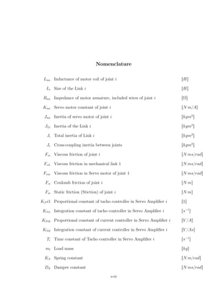 Nomenclature
Lmi Inductance of motor coil of joint i rHs
Li Size of the Link i rHs
Rmi Impedance of motor armature, included wires of joint i rΩs
Kmi Servo motor constant of joint i rN m{As
Jmi Inertia of servo motor of joint i rkgm2
s
JLi Inertia of the Link i rkgm2
s
Ji Total inertia of Link i rkgm2
s
Jc Cross-coupling inertia between joints rkgm2
s
Fvi Viscous friction of joint i rN ms{rads
FvL Viscous friction in mechanical link 1 rN ms{rads
Fvm Viscous friction in Servo motor of joint 1 rN ms{rads
Fci Coulomb friction of joint i rN ms
Fsi Static friction (Stiction) of joint i rN ms
KP i1 Proportional constant of tacho controller in Servo Ampliﬁer i r1s
KIi1 Integration constant of tacho controller in Servo Ampliﬁer i rs´1
s
KPi2 Proportional constant of current controller in Servo Ampliﬁer i rV {As
KIi2 Integration constant of current controller in Servo Ampliﬁer i rV {Ass
Ti Time constant of Tacho controller in Servo Ampliﬁer i rs´1
s
ml Load mass rkgs
KS Spring constant rN m{rads
DS Damper constant rN ms{rads
xviii
 