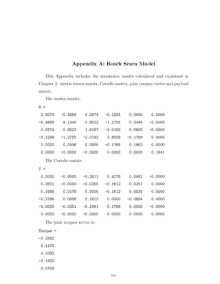 Appendix A: Bosch Scara Model
This Appendix includes the simulation results calculated and explained in
Chapter 3: inertia tensor matrix, Coriolis matrix, joint torques vector and payload
matrix.
The inertia matrix:
M =
2.9074 -0.4458 0.0574 -0.1294 0.0000 0.0000
-0.4458 4.1243 0.8523 -1.2755 0.0446 -0.0000
0.0574 0.8523 1.8197 -2.0192 0.0805 -0.0000
-0.1294 -1.2755 -2.0192 3.8508 -0.1768 0.0000
0.0000 0.0446 0.0805 -0.1768 0.1963 0.0000
0.0000 -0.0000 -0.0000 0.0000 0.0000 0.1941
The Coriolis matrix:
C =
0.0000 -0.9505 -0.2611 0.4278 0.0062 -0.0000
0.3601 -0.0000 -0.0355 -0.1612 0.0351 0.0000
0.1688 0.0178 0.0000 -0.1612 0.0530 0.0000
-0.2786 0.0806 0.1612 0.0000 -0.0884 0.0000
-0.0000 -0.0351 -0.1061 0.1768 0.0000 -0.0000
0.0000 -0.0000 -0.0000 0.0000 0.0000 0.0000
The joint torques vector is:
Torque =
-0.2582
0.1170
0.0392
-0.1432
0.0708
164
 