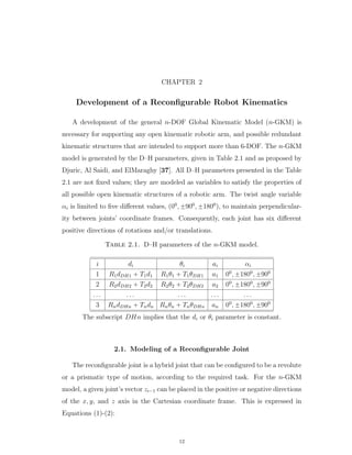 CHAPTER 2
Development of a Reconﬁgurable Robot Kinematics
A development of the general n-DOF Global Kinematic Model (n-GKM) is
necessary for supporting any open kinematic robotic arm, and possible redundant
kinematic structures that are intended to support more than 6-DOF. The n-GKM
model is generated by the D–H parameters, given in Table 2.1 and as proposed by
Djuric, Al Saidi, and ElMaraghy [37]. All D–H parameters presented in the Table
2.1 are not ﬁxed values; they are modeled as variables to satisfy the properties of
all possible open kinematic structures of a robotic arm. The twist angle variable
αi is limited to ﬁve diﬀerent values, (00
, ˘900
, ˘1800
), to maintain perpendicular-
ity between joints’ coordinate frames. Consequently, each joint has six diﬀerent
positive directions of rotations and/or translations.
Table 2.1. D–H parameters of the n-GKM model.
i di θi ai αi
1 R1dDH1 ` T1d1 R1θ1 ` T1θDH1 a1 00
, ˘1800
, ˘900
2 R2dDH2 ` T2d2 R2θ2 ` T2θDH2 a2 00
, ˘1800
, ˘900
. . . . . . . . . . . . . . .
3 RndDHn ` Tndn Rnθn ` TnθDHn an 00
, ˘1800
, ˘900
The subscript DHn implies that the di or θi parameter is constant.
2.1. Modeling of a Reconﬁgurable Joint
The reconﬁgurable joint is a hybrid joint that can be conﬁgured to be a revolute
or a prismatic type of motion, according to the required task. For the n-GKM
model, a given joint’s vector zi´1 can be placed in the positive or negative directions
of the x, y, and z axis in the Cartesian coordinate frame. This is expressed in
Equations (1)-(2):
12
 