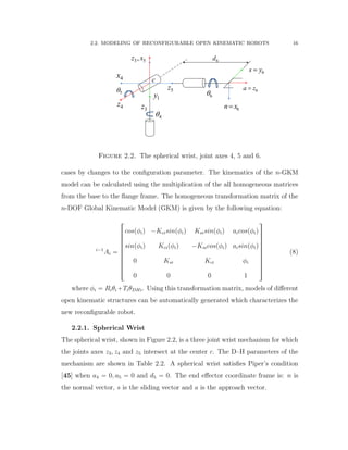 2.2. MODELING OF RECONFIGURABLE OPEN KINEMATIC ROBOTS 16
4x
4z
1y
5z
3z
5
4
6
6d3 5,z x
6n x
6a z
6s y
c
Figure 2.2. The spherical wrist, joint axes 4, 5 and 6.
cases by changes to the conﬁguration parameter. The kinematics of the n-GKM
model can be calculated using the multiplication of the all homogeneous matrices
from the base to the ﬂange frame. The homogeneous transformation matrix of the
n-DOF Global Kinematic Model (GKM) is given by the following equation:
i´1
Ai “
»
—
—
—
—
—
—
—
—
–
cospφiq ´Kcisinpφiq Ksisinpφiq aicospφiq
sinpφiq Kcipφiq ´Ksicospφiq aisinpφiq
0 Ksi Kci φi
0 0 0 1
ﬁ
ﬃ
ﬃ
ﬃ
ﬃ
ﬃ
ﬃ
ﬃ
ﬃ
ﬂ
(8)
where φi “ Riθi `TiθDHi. Using this transformation matrix, models of diﬀerent
open kinematic structures can be automatically generated which characterizes the
new reconﬁgurable robot.
2.2.1. Spherical Wrist
The spherical wrist, shown in Figure 2.2, is a three joint wrist mechanism for which
the joints axes z3, z4 and z5 intersect at the center c. The D–H parameters of the
mechanism are shown in Table 2.2. A spherical wrist satisﬁes Piper’s condition
[45] when a4 “ 0, a5 “ 0 and d5 “ 0. The end eﬀector coordinate frame is: n is
the normal vector, s is the sliding vector and a is the approach vector.
 