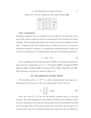 2.3. RECONFIGURABLE JACOBIAN MATRIX 17
Table 2.2. D–H of a spherical wrist, source; Spong, [80].
Link θi di ai αi
4 θ4 0 0 ´900
5 θ5 0 0 900
6 θ6 d6 0 00
2.2.2. Assumption
Assuming a spherical wrist is attached to the end eﬀectors, the kinematic struc-
tures of the common industrial robots are determined by only the ﬁrst three joints
and links. This assumption also deﬁnes the external and internal workspace bound-
aries. A spherical wrist that satisﬁes Piper’s condition only serves to orient the
end-eﬀector within the workspace. A hybrid joint (revolute/prismatic) motion and
its selection parameters are mathematically expressed in the following Equation:
qi “ Riθi ` Tidi (9)
For a reconﬁgurable three links and joints (3-DOF), the resulting possible kine-
matic structure combinations are 23
“ 8: Articulated (RRR), Cylindrical (RTR),
Spherical (RRT), SCARA (RRT), Cartesian (TTT), TRR, TTR, RTT and TRT.
These kinematic structures are shown in Figure 2.3.
2.3. Reconﬁgurable Jacobian Matrix
The Jacobian matrix J P Rnˆm
is a linear transformation that maps an n-
dimensional velocity vector 9qi into an m-dimensional velocity vector 9Vi:
9Vi “
»
—
–
v
w
ﬁ
ﬃ
ﬂ “ Jpqq 9qi (10)
where the vector rvT
, wT
s are the end eﬀector velocities and 9qi is the joint
velocities. For robot manipulators, the Jacobian is deﬁned as the coeﬃcient matrix
of any set of equations that relate the velocity state of the tool coordinate described
in the Cartesian space to the actuated joint rates of the joint velocity space. It is
necessary that Jpqq have six linearly independent columns for the end eﬀector to
 