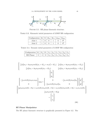 3.4. DEVELOPMENT OF THE 3-GDM MODEL 40
 
Figure 5: RR planar kinematic structure
2z1z
0x
0y
2 1x
1y
2x
2y
1a 2a
1m 2m
0z
1
Figure 3.1. RR planar kinematic structure.
Table 3.3. Kinematic initial parameters of 2-DOF RR conﬁguration
Conﬁguration Ri Ti KSi KCi dDHi θDHi
Joint 1 1 0 0 1 0 00
Joint 2 1 0 0 1 0 00
Table 3.4. Dynamic initial parameters of 2-DOF RR conﬁguration
Conﬁguration Gx Gy Gz Ix1 Iy1 Iz1 Ix2 Iy2 Iz2
RR Planar 0 ´1 0 Ix1 Iy1 Iz1 Ix2 Iy2 Iz2
»
—
–
1
4
pa2
2m2 ` 4a2m2cospθ2qa1 ` 4Iz2 ` m1a2
1 ` 4Iz1q 1
4
pa2
2m2 ` 4a2m2cospθ2qa1 ` 4Iz2q
1
4
pa2
2m2 ` 4a2m2cospθ2qa1 ` 4Iz2q 1
4
pa2
2m2 ` 4a2m2cospθ2qa1 ` 4Iz2q
ﬁ
ﬃ
ﬂ
»
—
–
:q1
:q2
ﬁ
ﬃ
ﬂ
»
—
–
´1
2
a1sinpθ2qm2w1w2a2
0
ﬁ
ﬃ
ﬂ 9q1 9q2 `
»
—
–
0 ´1
2
a1sinpθ2qm2w2
2a2
´1
2
a2sinpθ2qm2w2
2a2 0
ﬁ
ﬃ
ﬂ
»
—
–
9q2
1
9q2
2
ﬁ
ﬃ
ﬂ `
»
—
–
1
2
gpa2m2cospθ1 ` θ2q ` a1sinpθ1qm2sinpθ1 ` θ2q ` a1cospθ2qm2cospθ1 ` θ2q ` a1m1cospθ1q
1
2
a2m2cospθ1 ` θ2qg
ﬁ
ﬃ
ﬂ
“
»
—
–
τ1
τ2
ﬁ
ﬃ
ﬂ
(66)
RT Planar Manipulator
The RT planar kinematic structure is graphically presented in Figure 3.2. The
 
