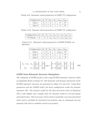 3.4. DEVELOPMENT OF THE 3-GDM MODEL 43
Table 3.9. Kinematic initial parameters of 2-DOF TT conﬁguration
Conﬁguration Ri Ti KSi KCi dDHi θDHi
Joint 1 0 1 0 1 0 00
Joint 2 0 1 0 1 0 00
Table 3.10. Dynamic initial parameters of 2-DOF TT conﬁguration
Conﬁguration Gx Gy Gz Ix1 Iy1 Iz1 Ix2 Iy2 Iz2
TT Planar 0 ´1 0 Ix1 Iy1 Iz1 Ix2 Iy2 Iz2
Table 3.11. Kinematic initial parameters of 3-DOF SCARA con-
ﬁguration
Conﬁguration Ri Ti KSi KCi dDHi θDHi
Joint 1 1 0 0 1 dDH1 00
Joint 2 1 0 0 -1 0 00
Joint 3 0 1 0 1 d3 00
»
—
–
m1 ` m2 m2
m2 m2
ﬁ
ﬃ
ﬂ
»
—
–
:q1
:q2
ﬁ
ﬃ
ﬂ `
»
—
–
0
0
ﬁ
ﬃ
ﬂ 9q1 9q2 `
»
—
–
0 0
0 0
ﬁ
ﬃ
ﬂ
»
—
–
9q2
1
9q2
2
ﬁ
ﬃ
ﬂ `
»
—
–
0
0
ﬁ
ﬃ
ﬂ “
»
—
–
τ1
τ2
ﬁ
ﬃ
ﬂ (69)
3-DOF Scara Kinematic Structure Manipulator
The validation of 3-GDM model is done using SCARA kinematic structure which
is graphically shown in Figure 3.5. The kinematic and dynamic parameters of the
SCARA kinematic structure are presented in tables 3.11 and 3.12. Using these
parameters and the 3-GDM model, the Scara conﬁguration results the dynamic
equations (70). The dynamic model for the three-axis Scara robot in Equations
(70) is only slightly more complex than the dynamic model for two-axis planar
articulated robot. This is because a Scara robot is essentially a two-axis articulated
robot used to establish the horizontal tool position, plus an orthogonal one-axis
prismatic link used to establish vertical tool position.
 