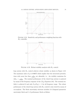 4.6. LINEAR CONTROL APPLICATIONS (SIMULATION RESULTS) 78
10
−4
10
−3
10
−2
10
−1
10
0
10
1
10
2
10
−3
10
−2
10
−1
10
0
10
1
Closed−loop sensitivity function
Frequency (rad/sec)
Magnitude
Figure 4.18. Sensitivity and performance weighting function with
H8 controller.
10
−1
10
0
10
1
10
2
10
−2
10
−1
10
0
Frequency (rad/s)
Mu
Robust stability
Figure 4.19. Robust stability analysis with H8 control.
loop system with H8 control achieves robust stability as shown in Figure 4.19.
The maximum value of µ is 0.90675 which implies that the structured perturba-
tions with norm less than 1
0.90675
are allowable, i.e. the stability maintains for
}∆}8 ă 1
0.90675
. The nominal performance of the closed loop system is analyzed
by means of the frequency response of the pN22q Equation (84). The nominal sta-
bility is achieved if and only if µpN22q ă 1 for all frequency range. The robust
performance of the closed loop system with H8 control is also tested by means of
mu-analysis. The block uncertainty structure includes 2ˆ2 diagonal parametric
uncertainty block and 1ˆ2 performance block as follows:
 