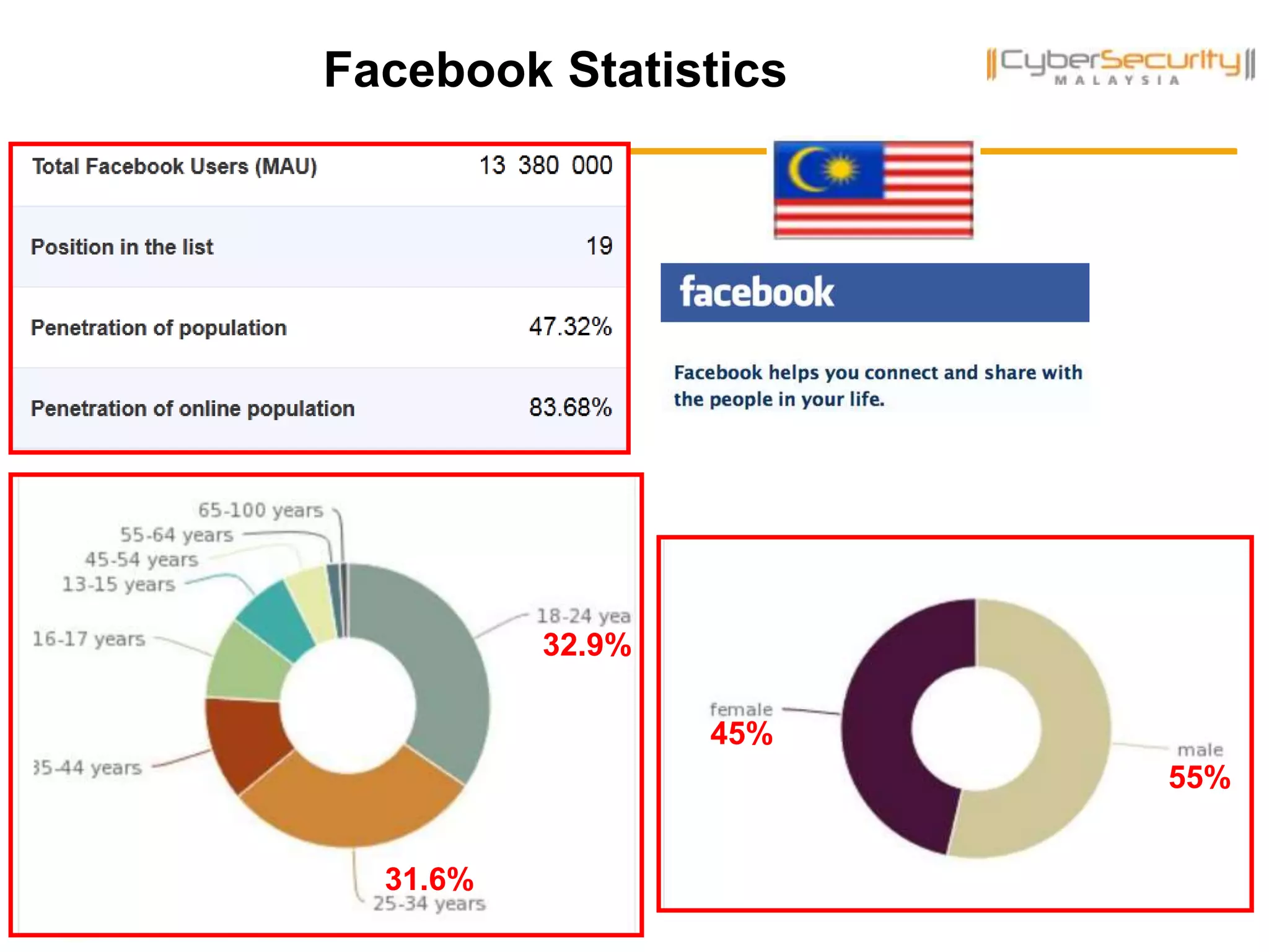 Facebook Statistics
3
55%
45%
32.9%
31.6%
 