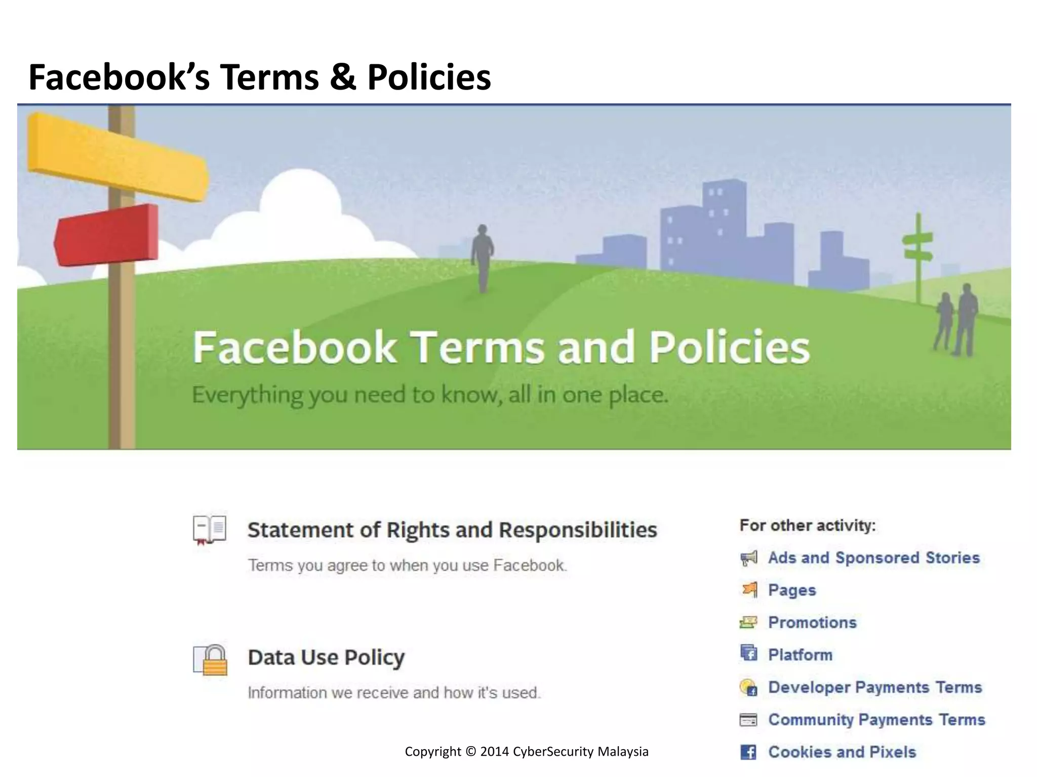 Facebook’s Terms & Policies
Copyright © 2014 CyberSecurity Malaysia
 