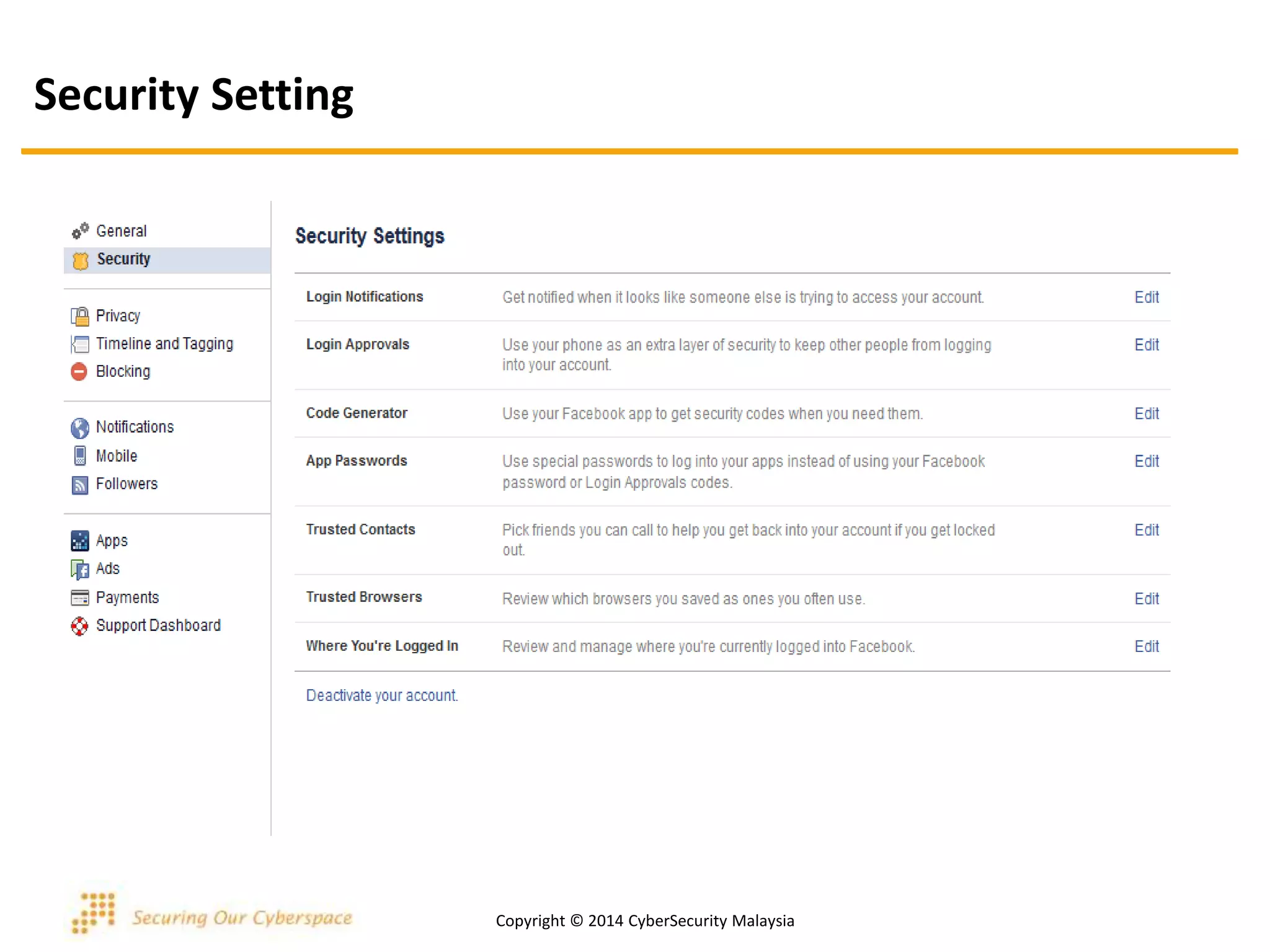 Security Setting
Copyright © 2014 CyberSecurity Malaysia
 