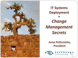 IT Systems
Deployment
♦
Change
Management
Secrets
 Strategic Planning Retreat
 August 4-8th 2012
 Sonoma, CA
 Anne Pellicciotto, MSOD, Facilitator
Anne Pellicciotto,
President
1
 