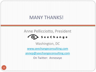 MANY THANKS!
Anne Pellicciotto, President
Washington, DC
www.seechangeconsulting.com
annep@seechangeconsulting.com
On Twit...