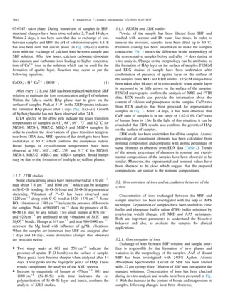 07-0747) takes place. During immersion of samples in SBF,
structural changes have been observed after 2, 7 and 14 days.
Within 2 days, it has been seen that due to exchange of ions
between samples and SBF, the pH of solution rose up to 8.4. It
has also been seen that calcite phase (in Fig. 1(b)–(e)) start to
form with the exchange of calcium ions between sample and
SBF solution. After few hours, calcium carbonate dissociate
into calcium and carbonate ions leading to higher concentra-
tion of Ca2þ
ions in the solution which can be used for the
formation of apatite layer. Reaction may occur as per the
following equation;
CaCO3 þHþ
Ca2 þ
þHCOÀ
3 ð1Þ
After every 12 h, old SBF has been replaced with fresh SBF
solution to maintain the ions concentration and pH of solution.
Within the 7days, stable HAp phase start to grow on the
surface of samples. Peak at 31.91 in the XRD spectra indicates
the formation HAp phase after 7 days (Fig. 1(a)–(e)). Growth
of hydroxylapatite has not been observed after 24 h.
DTA spectra of the dried gels indicate the glass transition
temperatures of samples as 611, 641, 691, 751 and 82 1C for
MZB-0. MZB-1, MBZ-2, MBZ-3 and MBZ-4 samples. In
order to conﬁrm the observations of glass transition tempera-
ture from DTA data, XRD spectra of the dried gels have been
undertaken at 50 1C which conﬁrms the amorphous nature.
Broad humps of crystallization temperatures have been
observed at 3961, 3601, 3421, 3331 and 317 1C for MZB-0.
MZB-1, MBZ-2, MBZ-3 and MBZ-4 samples. Broad humps
may be due to the formation of multiple crystalline phases.
3.1.2. FTIR studies
Some characteristic peaks have been observed at 470 cmÀ1
,
near about 710 cmÀ1
and 1080 cmÀ1
which can be assigned
to Si–O–Si bending, Si–O–Si bond and Si–O–Si asymmetrical
stretching. Vibration of P¼O has been observed near
1220 cmÀ1
along with C–O bond at 1420–1470 cmÀ1
. Some
BO3 vibrations at 1380 cmÀ1
indicate the presence of boron in
the samples. Peaks at 960-975 cmÀ1
show the presence of B–
O–M (M may be any metal). Two small humps at 876 cmÀ1
and 920 cmÀ1
are attributed to the vibrations of SiO4
4À
and
Si2O7
4À
bonds.. Humps at 619 cmÀ1
and near 986-1000 cm À1
represent the Mg band with inﬂuence of γ4PO4 vibrations.
When the samples are immersed into SBF and analyzed after
7 days and 14 days, some distinctive changes thus observed
are provided below;
 Two sharp peaks at 601 and 558 cmÀ1
indicate the
presence of apatite (P–O bonds) on the surface of sample.
These peaks have become sharper when analyzed after 14
days. These peaks are the ﬁngerprint peaks for HAp. These
results compliment the analysis of the XRD spectra.
 Increase in magnitude of humps at 470 cmÀ1
, 801 and
1080 cmÀ1
(Si–O–Si) with time indicates the re-
polymerization of Si–O–Si layer and hence, conﬁrms the
analysis of XRD studies.
3.1.3. FESEM and EDX studies
Powder of the sample has been ﬁltered from SBF and
washed with acetone and DI water four times. In order to
remove the moisture, samples have been dried up to 60 1C.
Platinum coating has been undertaken to make the samples
conductive. Fig. 3 shows the difference in the morphology of
the representative samples before and after 14 days during in
vitro analysis. Change in the morphology can be attributed to
the formation of HAp layer on the surface of samples. FESEM
and EDX studies of sample have been undertaken after
conﬁrmation of presence of apatite layer on the surface of
the samples from XRD and FTIR studies. FESEM images have
been taken after 14 days of in vitro analysis when apatite layer
is supposed to be fully grown on the surface of the samples.
FESEM micrographs conﬁrm the analysis of XRD and FTIR
data. EDX results can provide the information about the
content of calcium and phosphorus in the samples. Ca/P ratio
from EDX analysis has been provided for representative
samples in Fig. 3. After 14 days, it has been observed that
Ca/P ratio of samples is in the range of 1.62–1.66. Ca/P ratio
of human bone is 1.66. In the light of this situation, it can be
concluded that EDX results also conﬁrms the growth of HAp
on the surface of samples.
EDX study has been undertaken for all the samples. Atomic
percentage of constituent elements has been calculated from
nominal composition and compared with atomic percentage of
same elements as observed from EDX data (Table 2). Trends
of the atomic percentage of elements in nominal and experi-
mental compositions of the samples have been observed to be
similar. Moreover, the experimental and nominal values have
been observed to be close which suggest that the prepared
compositions are similar to the nominal compositions.
3.2. Concentration of ions and degradation behavior of the
system
Concentration of ions exchanged between the SBF and
sample interface has been investigated with the help of AAS
technique. Degradation of samples have been studied in citric
buffer and phosphate buffer saline (PBS) buffer solutions by
employing weight change, pH, XRD and AAS techniques.
Both are important parameters to understand the bioactive
behavior and also, to evaluate the samples for clinical
applications.
3.2.1. Concentration of ions
Exchange of ions between SBF solution and sample inter-
face is responsible for the formation of new phases and
variation in the morphology of the samples. AAS of decant
SBF has been investigated with 240FS Agilent Atomic
Absorption Spectrometer. Decant of SBF has been ﬁltered
with .22 μm syringe ﬁlter. Dilution of SBF was run against the
standard solutions. Concentration of ions has been checked
during in vitro analysis and results have been presented in Fig.
4. With the increase in the content of borate and magnesium in
samples, following changes have been observed;
V. Anand et al. / Ceramics International 42 (2016) 3638–36513642
 