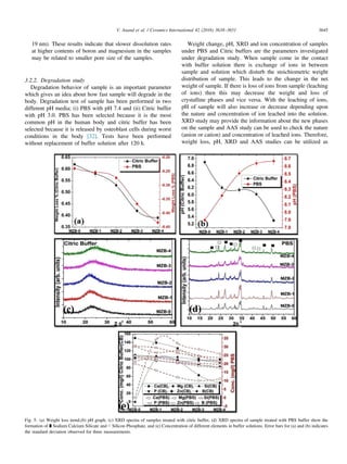 19 nm). These results indicate that slower dissolution rates
at higher contents of boron and magnesium in the samples
may be related to smaller pore size of the samples.
3.2.2. Degradation study
Degradation behavior of sample is an important parameter
which gives an idea about how fast sample will degrade in the
body. Degradation test of sample has been performed in two
different pH media; (i) PBS with pH 7.4 and (ii) Citric buffer
with pH 3.0. PBS has been selected because it is the most
common pH in the human body and citric buffer has been
selected because it is released by osteoblast cells during worst
conditions in the body [32]. Tests have been performed
without replacement of buffer solution after 120 h.
Weight change, pH, XRD and ion concentration of samples
under PBS and Citric buffers are the parameters investigated
under degradation study. When sample come in the contact
with buffer solution there is exchange of ions in between
sample and solution which disturb the stoichiometric weight
distribution of sample. This leads to the change in the net
weight of sample. If there is loss of ions from sample (leaching
of ions) then this may decrease the weight and loss of
crystalline phases and vice versa. With the leaching of ions,
pH of sample will also increase or decrease depending upon
the nature and concentration of ion leached into the solution.
XRD study may provide the information about the new phases
on the sample and AAS study can be used to check the nature
(anion or cation) and concentration of leached ions. Therefore,
weight loss, pH, XRD and AAS studies can be utilized as
Fig. 5. (a) Weight loss trend,(b) pH graph, (c) XRD spectra of samples treated with citric buffer, (d) XRD spectra of sample treated with PBS buffer show the
formation of ∎ Sodium Calcium Silicate and □ Silicon Phosphate, and (e) Concentration of different elements in buffer solutions. Error bars for (a) and (b) indicates
the standard deviation observed for three measurements.
V. Anand et al. / Ceramics International 42 (2016) 3638–3651 3645
 