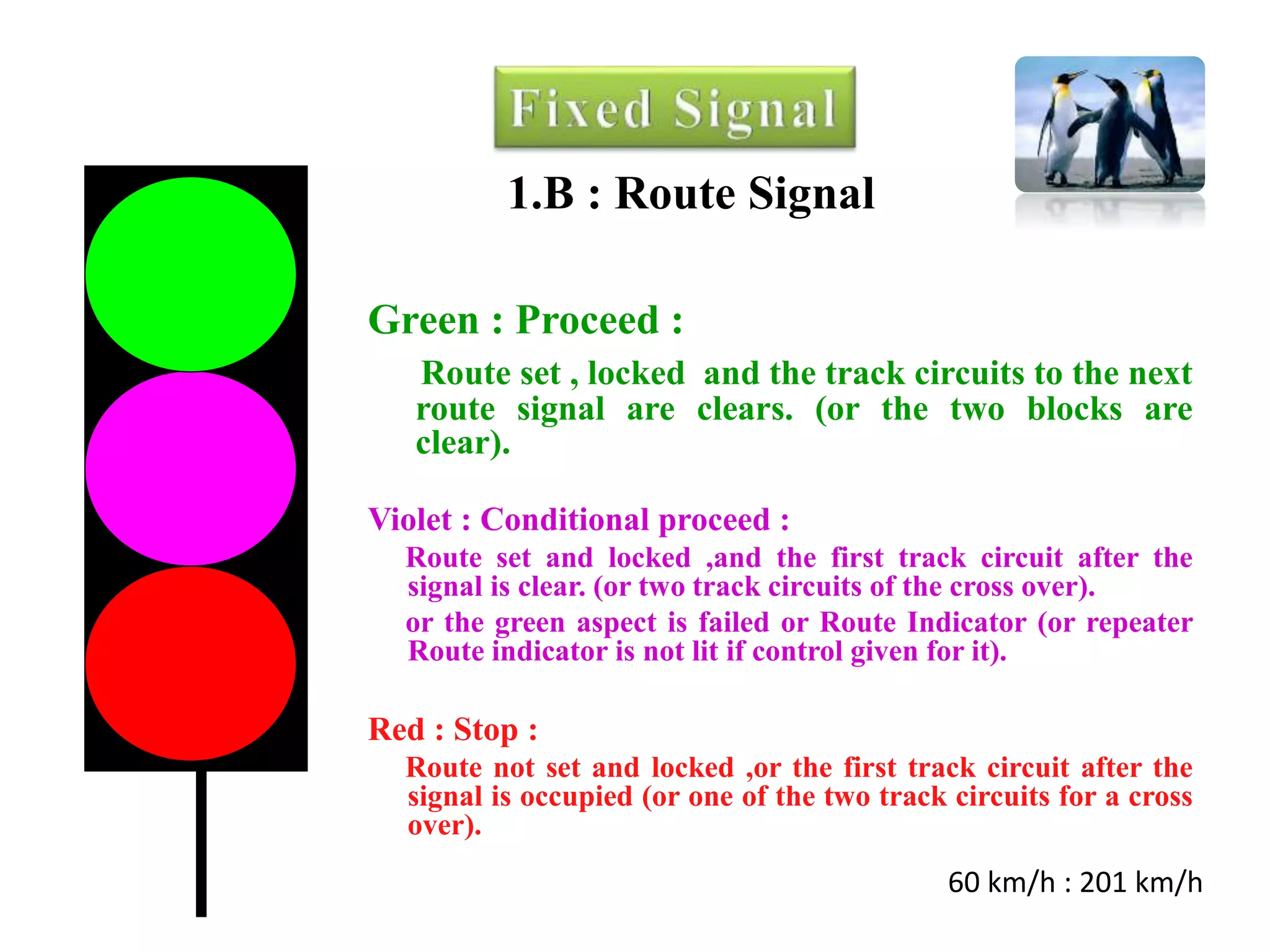 1.B : Route Signal
Green : Proceed :
Route set , locked and the track circuits to the next
route signal are clears. (or the two blocks are
clear).
Violet : Conditional proceed :
Route set and locked ,and the first track circuit after the
signal is clear. (or two track circuits of the cross over).
or the green aspect is failed or Route Indicator (or repeater
Route indicator is not lit if control given for it).
Red : Stop :
Route not set and locked ,or the first track circuit after the
signal is occupied (or one of the two track circuits for a cross
over).
60 km/h : 201 km/h
 