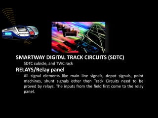 Track Circuit
SMARTWAY DIGITAL TRACK CIRCUITS (SDTC)
SDTC cubicle, and TWC rack
RELAYS/Relay panel
All signal elements like main line signals, depot signals, point
machines, shunt signals other then Track Circuits need to be
proved by relays. The inputs from the field first come to the relay
panel.
Power supply panel7.
 