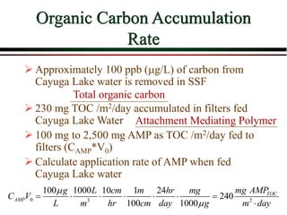 Organic Carbon Accumulation
Rate
 Approximately 100 ppb (g/L) of carbon from
Cayuga Lake water is removed in SSF
 230 mg TOC /m2/day accumulated in filters fed
Cayuga Lake Water
 100 mg to 2,500 mg AMP as TOC /m2/day fed to
filters (CAMP*V0)
 Calculate application rate of AMP when fed
Cayuga Lake water
Total organic carbon
0 3 2
100 1000 10 1 24
240
100 1000
TOC
AMP
mg AMP
g L cm m hr mg
C V
L m hr cm day g m day


      

Attachment Mediating Polymer
 
