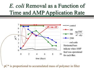 0
1
2
3
4
5
6
7
0 2 4 6 8 10
time (days)
pC*
control
100
500
2500
end azide
Horizontalbars
indicate whenAMP
feed was operational
for eachfilter.
2
mgTOC
m day

0
1
2
3
4
5
6
7
0 2 4 6 8 10
time (days)
pC*
control
100
500
2500
end azide
Horizontalbars
indicate whenAMP
feed was operational
for eachfilter.
2
mgTOC
m day

E. coli Removal as a Function of
Time and AMP Application Rate
pC* is proportional to accumulated mass of polymer in filter
 