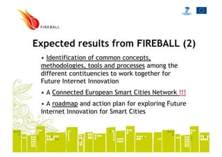 Expected results from FIREBALL (2)
• Identification of common concepts,
methodologies, tools and processes among the
different contituencies to work together for
Future Internet Innovation
• A Connected European Smart Cities Network !!!
• A roadmap and action plan for exploring Future
Internet Innovation for Smart Cities
 