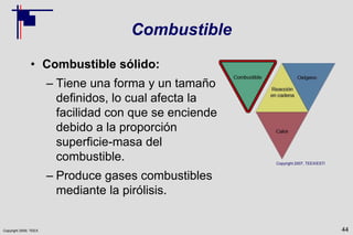 Copyright 2009, TEEX
Combustible
• Combustible sólido:
– Tiene una forma y un tamaño
definidos, lo cual afecta la
facilidad con que se enciende
debido a la proporción
superficie-masa del
combustible.
– Produce gases combustibles
mediante la pirólisis.
44
Copyright 2007, TEEX/ESTI
 