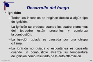 Copyright 2009, TEEX
Desarrollo del fuego
• Ignición:
– Todos los incendios se originan debido a algún tipo
de ignición.
– La ignición se produce cuando los cuatro elementos
del tetraedro están presentes y comienza
la combustión.
– La ignición guiada es causada por una chispa
o llama.
– La ignición no guiada o espontánea es causada
cuando un combustible alcanza su temperatura
de ignición como resultado de la autoinflamación.
59
 