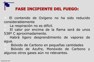 Copyright 2009, TEEX
 El contenido de Oxígeno no ha sido reducido
considerablemente
 La respiración no es difícil.
 El calor por encima de la flama será de unos
538º C aproximadamente.
 Habrá ligero desprendimiento de vapores de
agua.
 Bióxido de Carbono en pequeñas cantidades
 Bióxido de Azufre, Monóxido de Carbono y
algunos otros gases aún no relevantes.
 