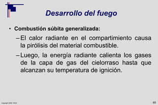 Copyright 2009, TEEX
Desarrollo del fuego
• Combustión súbita generalizada:
–El calor radiante en el compartimiento causa
la pirólisis del material combustible.
–Luego, la energía radiante calienta los gases
de la capa de gas del cielorraso hasta que
alcanzan su temperatura de ignición.
65
 
