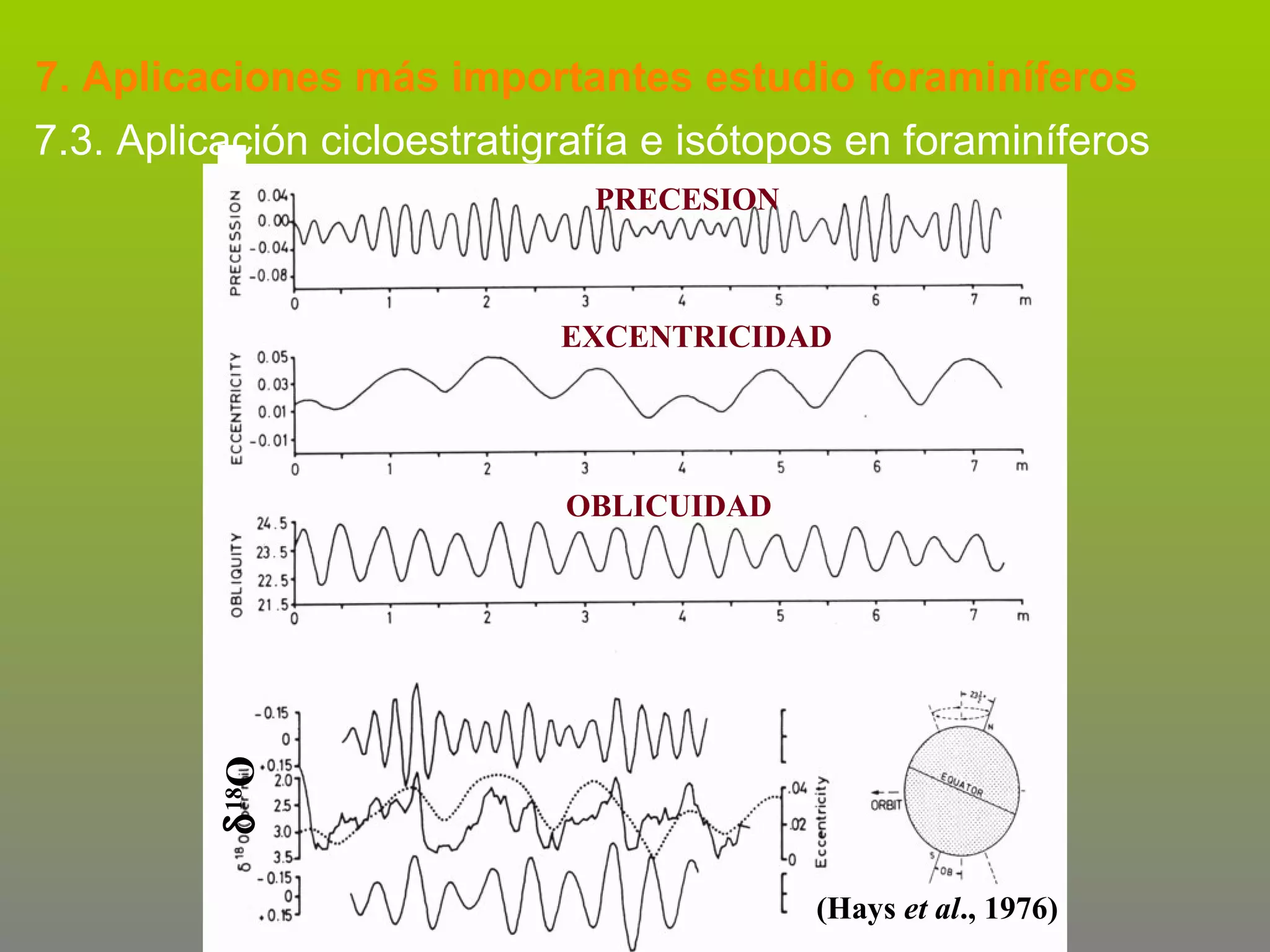 7. Aplicaciones más importantes estudio foraminíferos
7.3. Aplicación cicloestratigrafía e isótopos en foraminíferos
PRECESION

EXCENTRICIDAD

δ 18O

OBLICUIDAD

ecu
a

d or

(Hays et al., 1976)

 