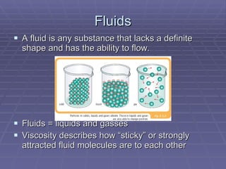 Fluids A fluid is any substance that lacks a definite shape and has the ability to flow. Fluids = liquids and gasses Viscosity describes how “sticky” or strongly attracted fluid molecules are to each other 