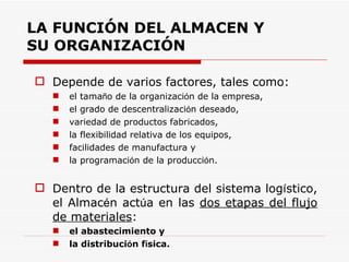 LA FUNCIÓN DEL ALMACEN Y SU ORGANIZACIÓN Depende de varios factores, tales como: el tama ñ o de la organizaci ó n de la empresa,  el grado de descentralizaci ó n deseado,  variedad de productos fabricados,  la flexibilidad relativa de los equipos, facilidades de manufactura y la programaci ó n de la producci ó n. Dentro de la estructura del sistema log í stico, el Almac é n act ú a en las  dos etapas del flujo de materiales : el abastecimiento y la distribuci ó n f í sica. 