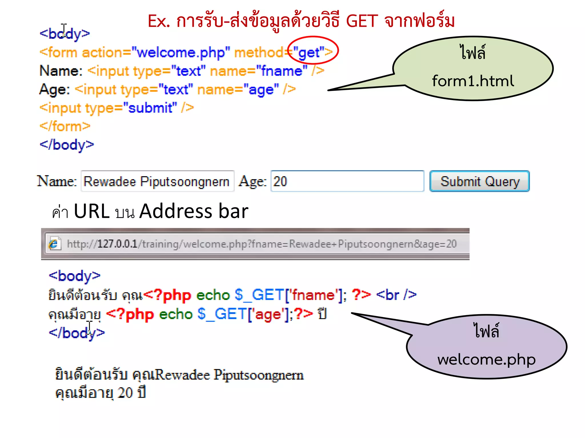 Ex. การรับ-ส่งข้อมูลด้วยวิธี GET จากฟอร์ม
                                                   ไฟล์
                                               form1.html




ค่า URL บน Address bar




                                                    ไฟล์
                                                welcome.php
 