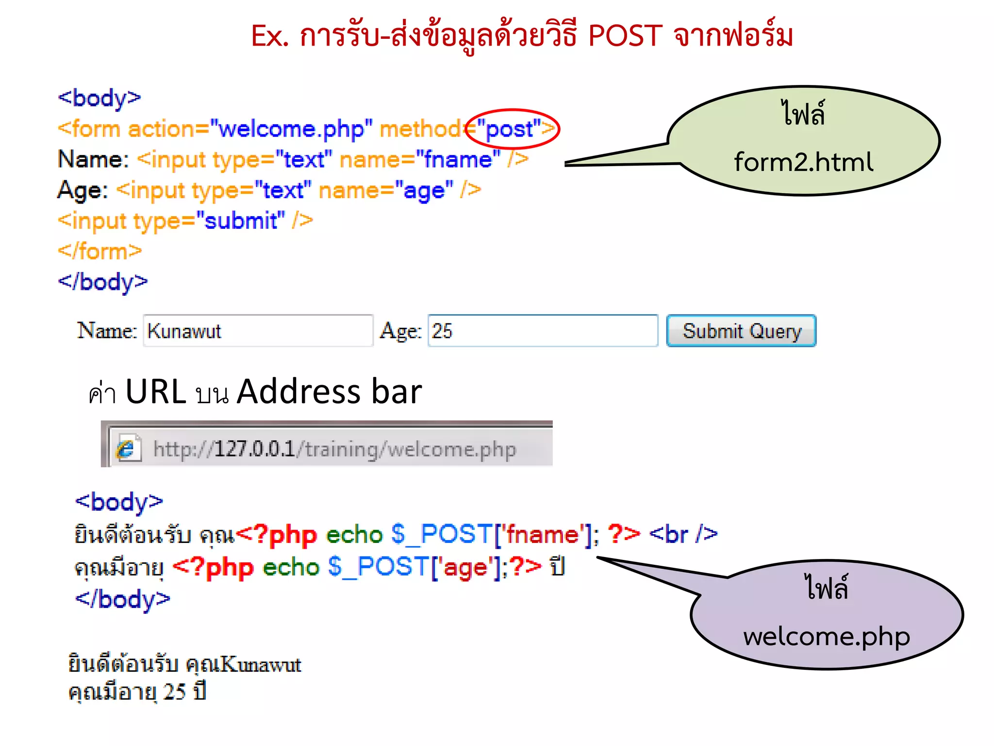 Ex. การรับ-ส่งข้อมูลด้วยวิธี POST จากฟอร์ม
                                                   ไฟล์
                                               form2.html




ค่า URL บน Address bar




                                                    ไฟล์
                                                welcome.php
 