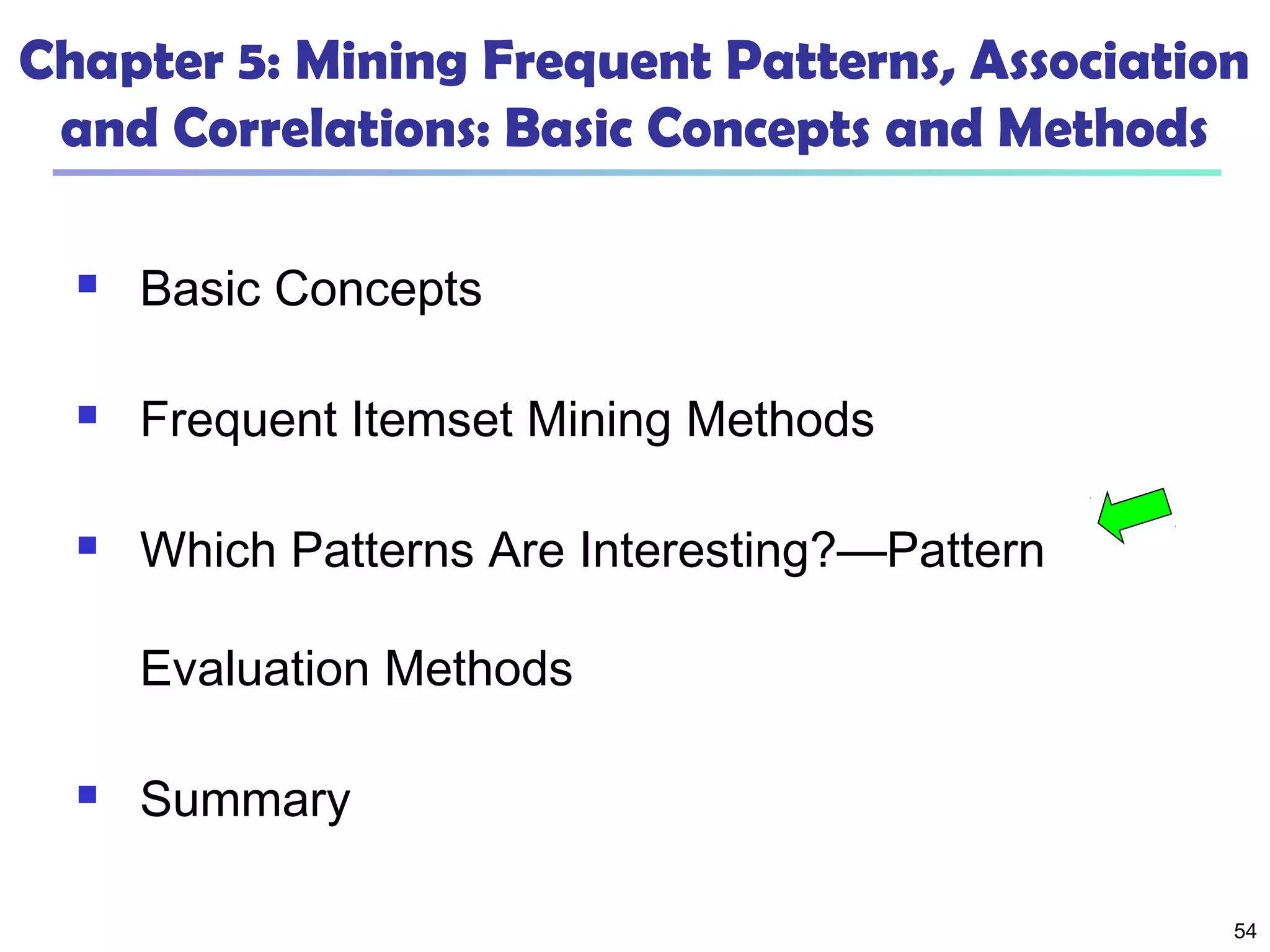 54
Chapter 5: Mining Frequent Patterns, Association
and Correlations: Basic Concepts and Methods
 Basic Concepts
 Frequent Itemset Mining Methods
 Which Patterns Are Interesting?—Pattern
Evaluation Methods
 Summary
 