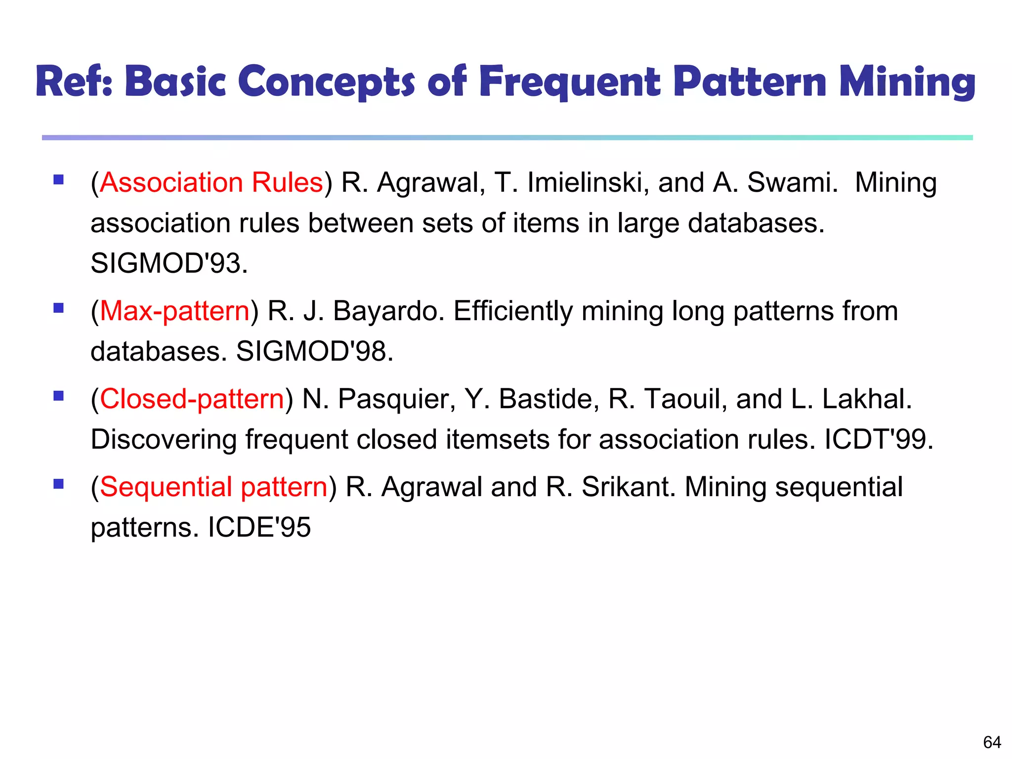 64
Ref: Basic Concepts of Frequent Pattern Mining
 (Association Rules) R. Agrawal, T. Imielinski, and A. Swami. Mining
association rules between sets of items in large databases.
SIGMOD'93.
 (Max-pattern) R. J. Bayardo. Efficiently mining long patterns from
databases. SIGMOD'98.
 (Closed-pattern) N. Pasquier, Y. Bastide, R. Taouil, and L. Lakhal.
Discovering frequent closed itemsets for association rules. ICDT'99.
 (Sequential pattern) R. Agrawal and R. Srikant. Mining sequential
patterns. ICDE'95
 