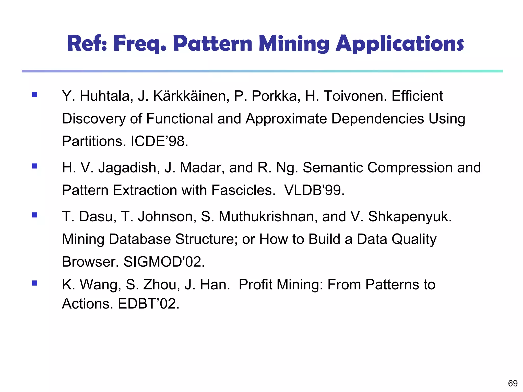 69
Ref: Freq. Pattern Mining Applications
 Y. Huhtala, J. Kärkkäinen, P. Porkka, H. Toivonen. Efficient
Discovery of Functional and Approximate Dependencies Using
Partitions. ICDE’98.
 H. V. Jagadish, J. Madar, and R. Ng. Semantic Compression and
Pattern Extraction with Fascicles. VLDB'99.
 T. Dasu, T. Johnson, S. Muthukrishnan, and V. Shkapenyuk.
Mining Database Structure; or How to Build a Data Quality
Browser. SIGMOD'02.
 K. Wang, S. Zhou, J. Han. Profit Mining: From Patterns to
Actions. EDBT’02.
 