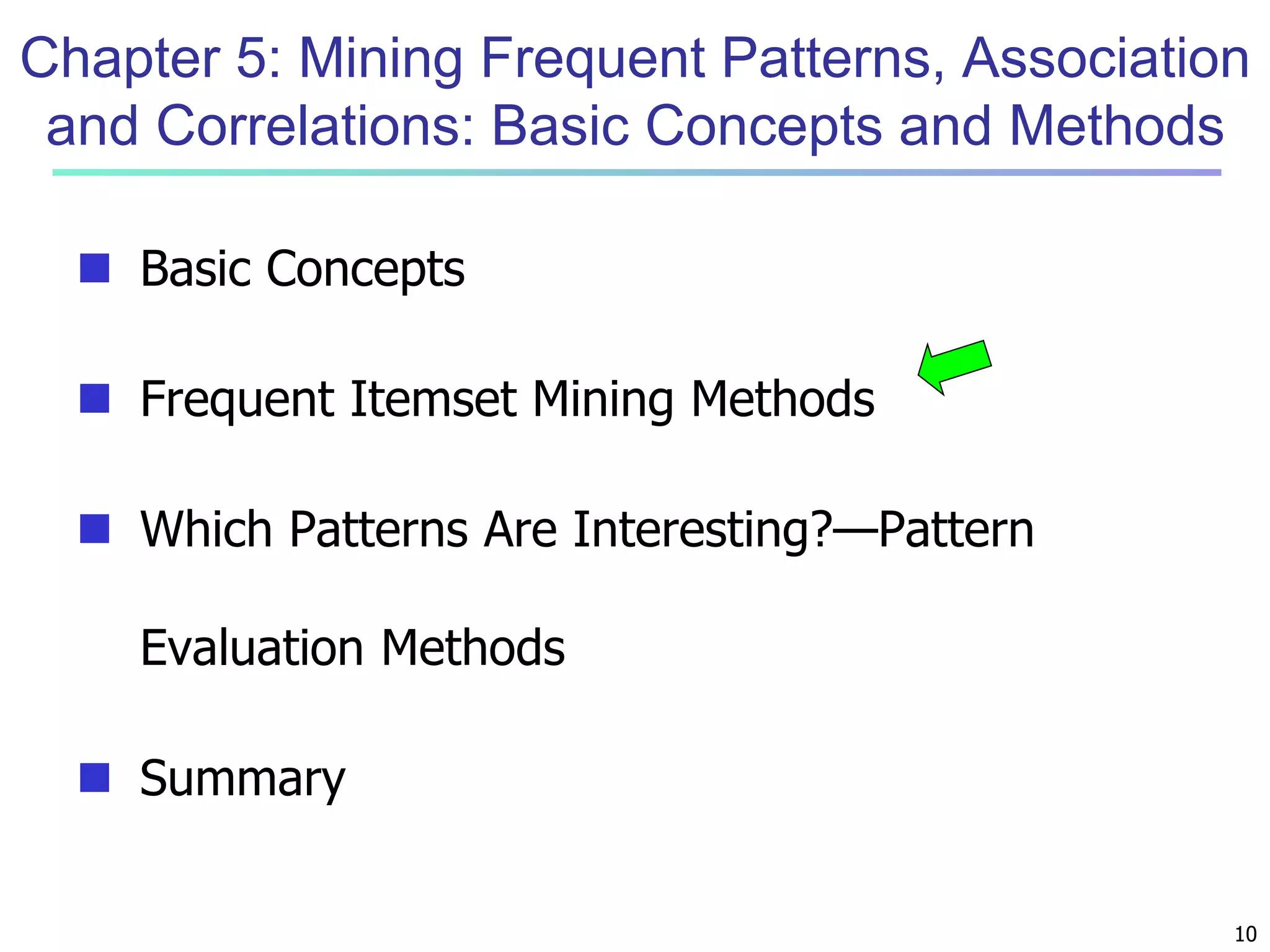 Chapter 5: Mining Frequent Patterns, Association 
and Correlations: Basic Concepts and Methods 
10 
 Basic Concepts 
 Frequent Itemset Mining Methods 
 Which Patterns Are Interesting?—Pattern 
Evaluation Methods 
 Summary 
 