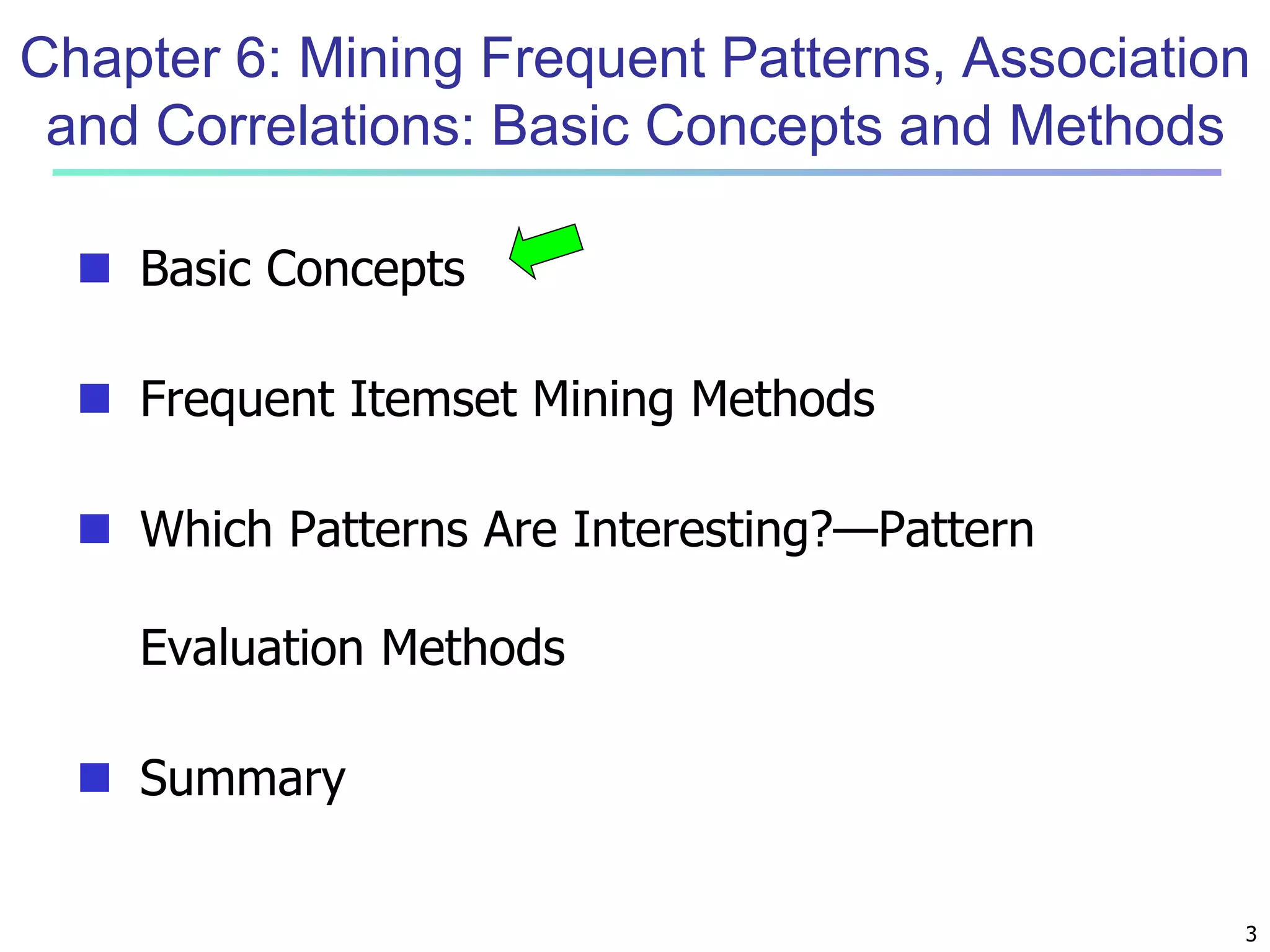 Chapter 6: Mining Frequent Patterns, Association 
and Correlations: Basic Concepts and Methods 
3 
 Basic Concepts 
 Frequent Itemset Mining Methods 
 Which Patterns Are Interesting?—Pattern 
Evaluation Methods 
 Summary 
 