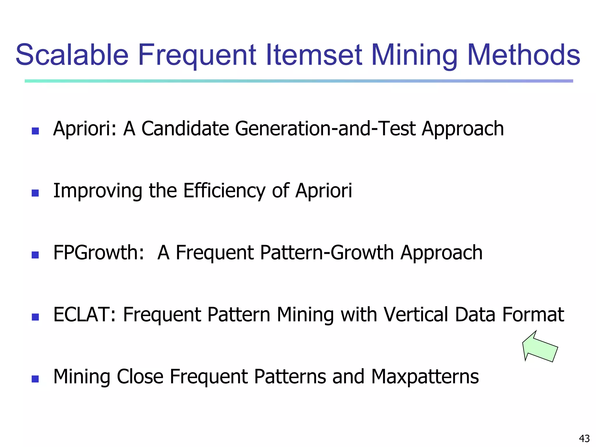Scalable Frequent Itemset Mining Methods 
43 
 Apriori: A Candidate Generation-and-Test Approach 
 Improving the Efficiency of Apriori 
 FPGrowth: A Frequent Pattern-Growth Approach 
 ECLAT: Frequent Pattern Mining with Vertical Data Format 
 Mining Close Frequent Patterns and Maxpatterns 
 