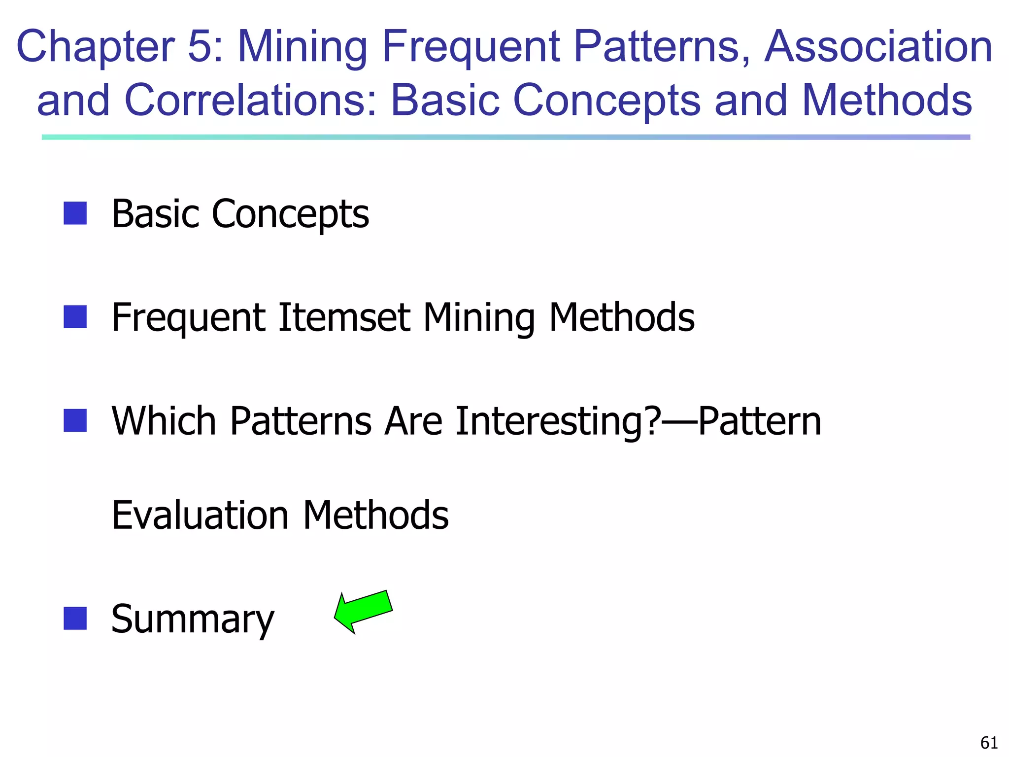 Chapter 5: Mining Frequent Patterns, Association 
and Correlations: Basic Concepts and Methods 
61 
 Basic Concepts 
 Frequent Itemset Mining Methods 
 Which Patterns Are Interesting?—Pattern 
Evaluation Methods 
 Summary 
 