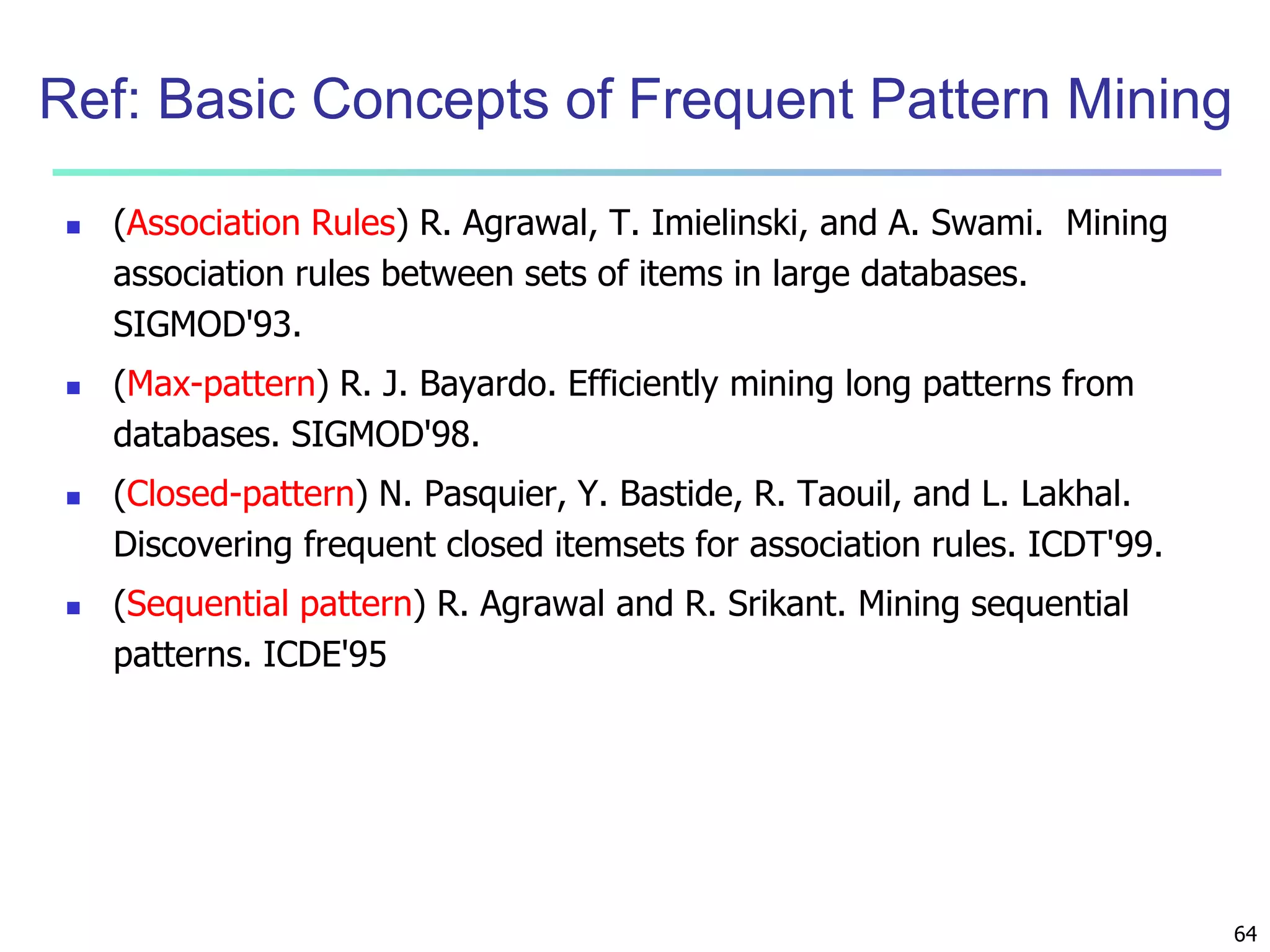64 
Ref: Basic Concepts of Frequent Pattern Mining 
 (Association Rules) R. Agrawal, T. Imielinski, and A. Swami. Mining 
association rules between sets of items in large databases. 
SIGMOD'93. 
 (Max-pattern) R. J. Bayardo. Efficiently mining long patterns from 
databases. SIGMOD'98. 
 (Closed-pattern) N. Pasquier, Y. Bastide, R. Taouil, and L. Lakhal. 
Discovering frequent closed itemsets for association rules. ICDT'99. 
 (Sequential pattern) R. Agrawal and R. Srikant. Mining sequential 
patterns. ICDE'95 
 