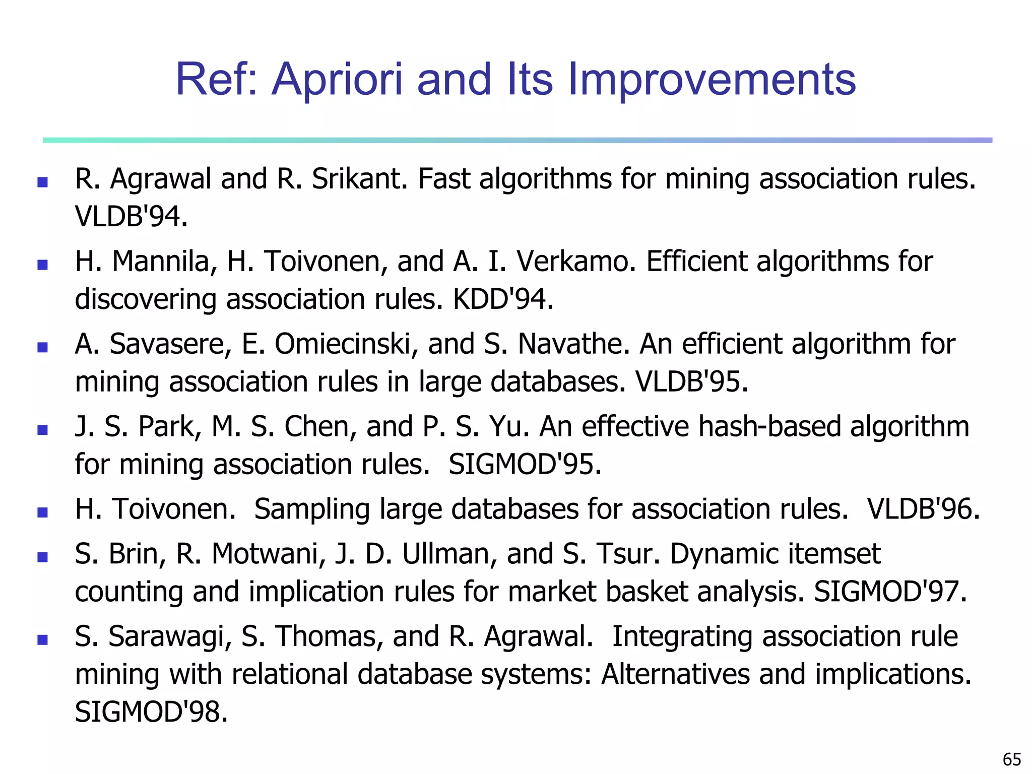65 
Ref: Apriori and Its Improvements 
 R. Agrawal and R. Srikant. Fast algorithms for mining association rules. 
VLDB'94. 
 H. Mannila, H. Toivonen, and A. I. Verkamo. Efficient algorithms for 
discovering association rules. KDD'94. 
 A. Savasere, E. Omiecinski, and S. Navathe. An efficient algorithm for 
mining association rules in large databases. VLDB'95. 
 J. S. Park, M. S. Chen, and P. S. Yu. An effective hash-based algorithm 
for mining association rules. SIGMOD'95. 
 H. Toivonen. Sampling large databases for association rules. VLDB'96. 
 S. Brin, R. Motwani, J. D. Ullman, and S. Tsur. Dynamic itemset 
counting and implication rules for market basket analysis. SIGMOD'97. 
 S. Sarawagi, S. Thomas, and R. Agrawal. Integrating association rule 
mining with relational database systems: Alternatives and implications. 
SIGMOD'98. 
 