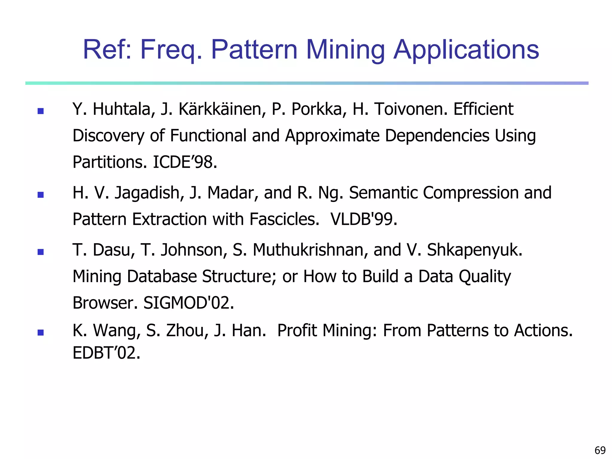 69 
Ref: Freq. Pattern Mining Applications 
 Y. Huhtala, J. Kärkkäinen, P. Porkka, H. Toivonen. Efficient 
Discovery of Functional and Approximate Dependencies Using 
Partitions. ICDE’98. 
 H. V. Jagadish, J. Madar, and R. Ng. Semantic Compression and 
Pattern Extraction with Fascicles. VLDB'99. 
 T. Dasu, T. Johnson, S. Muthukrishnan, and V. Shkapenyuk. 
Mining Database Structure; or How to Build a Data Quality 
Browser. SIGMOD'02. 
 K. Wang, S. Zhou, J. Han. Profit Mining: From Patterns to Actions. 
EDBT’02. 
