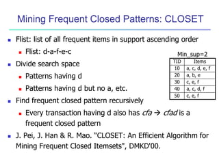 Mining Frequent Closed Patterns: CLOSET 
 Flist: list of all frequent items in support ascending order 
 Flist: d-a-f-e-c 
 Divide search space 
 Patterns having d 
 Patterns having d but no a, etc. 
 Find frequent closed pattern recursively 
Min_sup=2 
 Every transaction having d also has cfa  cfad is a 
frequent closed pattern 
 J. Pei, J. Han & R. Mao. “CLOSET: An Efficient Algorithm for 
Mining Frequent Closed Itemsets", DMKD'00. 
TID Items 
10 a, c, d, e, f 
20 a, b, e 
30 c, e, f 
40 a, c, d, f 
50 c, e, f 
 