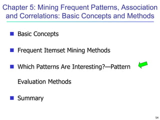 Chapter 5: Mining Frequent Patterns, Association 
and Correlations: Basic Concepts and Methods 
54 
 Basic Concepts 
 Frequent Itemset Mining Methods 
 Which Patterns Are Interesting?—Pattern 
Evaluation Methods 
 Summary 
 