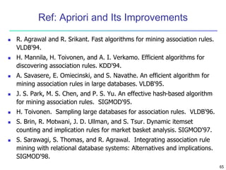 65 
Ref: Apriori and Its Improvements 
 R. Agrawal and R. Srikant. Fast algorithms for mining association rules. 
VLDB'94. 
 H. Mannila, H. Toivonen, and A. I. Verkamo. Efficient algorithms for 
discovering association rules. KDD'94. 
 A. Savasere, E. Omiecinski, and S. Navathe. An efficient algorithm for 
mining association rules in large databases. VLDB'95. 
 J. S. Park, M. S. Chen, and P. S. Yu. An effective hash-based algorithm 
for mining association rules. SIGMOD'95. 
 H. Toivonen. Sampling large databases for association rules. VLDB'96. 
 S. Brin, R. Motwani, J. D. Ullman, and S. Tsur. Dynamic itemset 
counting and implication rules for market basket analysis. SIGMOD'97. 
 S. Sarawagi, S. Thomas, and R. Agrawal. Integrating association rule 
mining with relational database systems: Alternatives and implications. 
SIGMOD'98. 
 