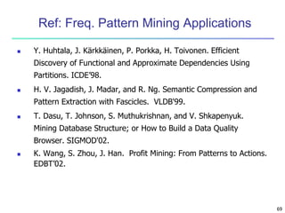69 
Ref: Freq. Pattern Mining Applications 
 Y. Huhtala, J. Kärkkäinen, P. Porkka, H. Toivonen. Efficient 
Discovery of Functional and Approximate Dependencies Using 
Partitions. ICDE’98. 
 H. V. Jagadish, J. Madar, and R. Ng. Semantic Compression and 
Pattern Extraction with Fascicles. VLDB'99. 
 T. Dasu, T. Johnson, S. Muthukrishnan, and V. Shkapenyuk. 
Mining Database Structure; or How to Build a Data Quality 
Browser. SIGMOD'02. 
 K. Wang, S. Zhou, J. Han. Profit Mining: From Patterns to Actions. 
EDBT’02. 
