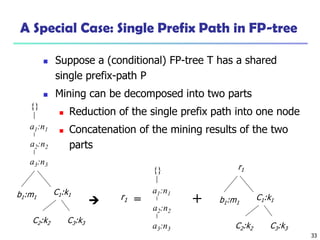 33
A Special Case: Single Prefix Path in FP-tree
 Suppose a (conditional) FP-tree T has a shared
single prefix-path P
 Mining can be decomposed into two parts
 Reduction of the single prefix path into one node
 Concatenation of the mining results of the two
parts

a2:n2
a3:n3
a1:n1
{}
b1:m1
C1:k1
C2:k2 C3:k3
b1:m1
C1:k1
C2:k2 C3:k3
r1
+a2:n2
a3:n3
a1:n1
{}
r1 =
 