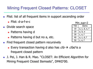 Mining Frequent Closed Patterns: CLOSET
 Flist: list of all frequent items in support ascending order
 Flist: d-a-f-e-c
 Divide search space
 Patterns having d
 Patterns having d but no a, etc.
 Find frequent closed pattern recursively
 Every transaction having d also has cfa  cfad is a
frequent closed pattern
 J. Pei, J. Han & R. Mao. “CLOSET: An Efficient Algorithm for
Mining Frequent Closed Itemsets", DMKD'00.
TID Items
10 a, c, d, e, f
20 a, b, e
30 c, e, f
40 a, c, d, f
50 c, e, f
Min_sup=2
 