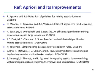 62
Ref: Apriori and Its Improvements
 R. Agrawal and R. Srikant. Fast algorithms for mining association rules.
VLDB'94
 H. Mannila, H. Toivonen, and A. I. Verkamo. Efficient algorithms for discovering
association rules. KDD'94
 A. Savasere, E. Omiecinski, and S. Navathe. An efficient algorithm for mining
association rules in large databases. VLDB'95
 J. S. Park, M. S. Chen, and P. S. Yu. An effective hash-based algorithm for
mining association rules. SIGMOD'95
 H. Toivonen. Sampling large databases for association rules. VLDB'96
 S. Brin, R. Motwani, J. D. Ullman, and S. Tsur. Dynamic itemset counting and
implication rules for market basket analysis. SIGMOD'97
 S. Sarawagi, S. Thomas, and R. Agrawal. Integrating association rule mining
with relational database systems: Alternatives and implications. SIGMOD'98
 