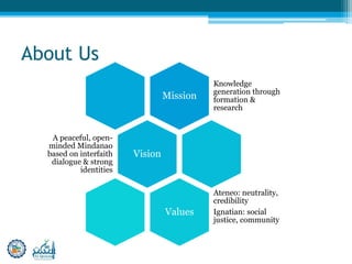 About Us
Mission
Knowledge
generation through
formation &
research
Vision
A peaceful, open-
minded Mindanao
based on interfaith
dialogue & strong
identities
Values
Ateneo: neutrality,
credibility
Ignatian: social
justice, community
 